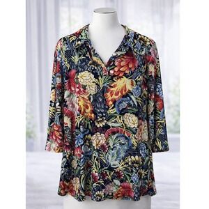 Attitudes by Renee Popover Tunic Top V-Neck Long Line Tropical Palm Floral 2X